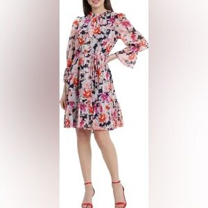 Maggy London Floral Smocked Floral Long Sleeve Chiffon Midi Dress Size 10